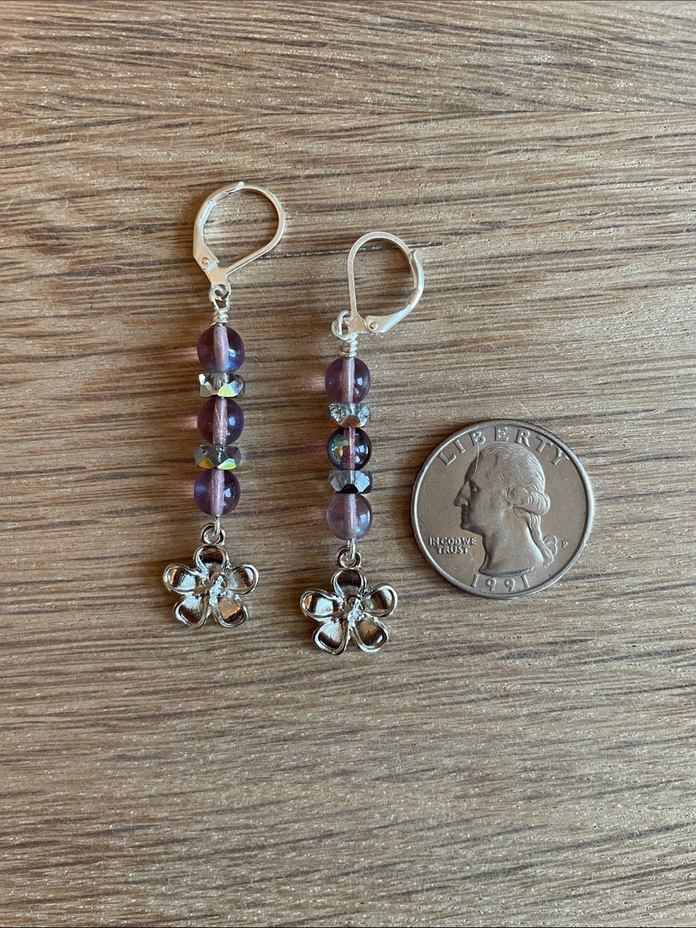 HAND CRAFTED PURPLE CZECH GLASS BEADED FLOWER DROP EARRINGS Silver Floral Dangle - Picture 9 of 9